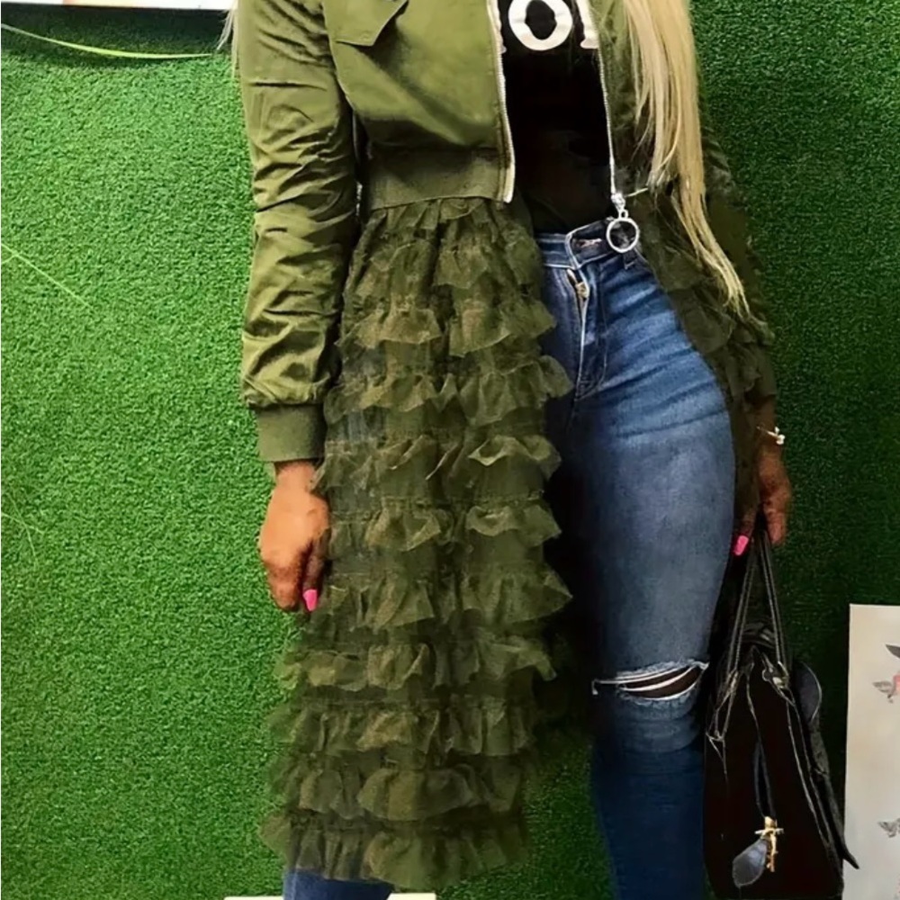 Green Ruffled Jacket with Sheer Overlay